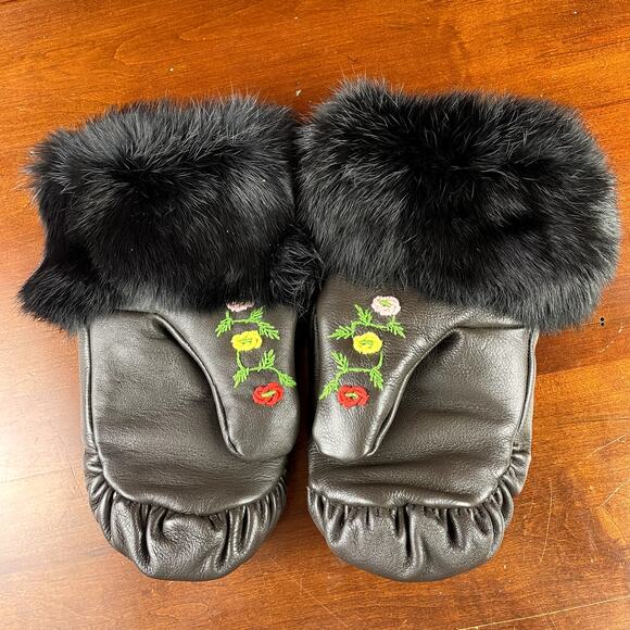 Handmade Black Leather Mittens Fur Trim Hand Embroidered Mitts S - Picture 6 of 7